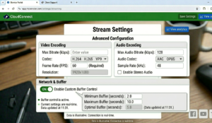 Stream Settings panel showing Advanced Configuration section with buffer control toggle