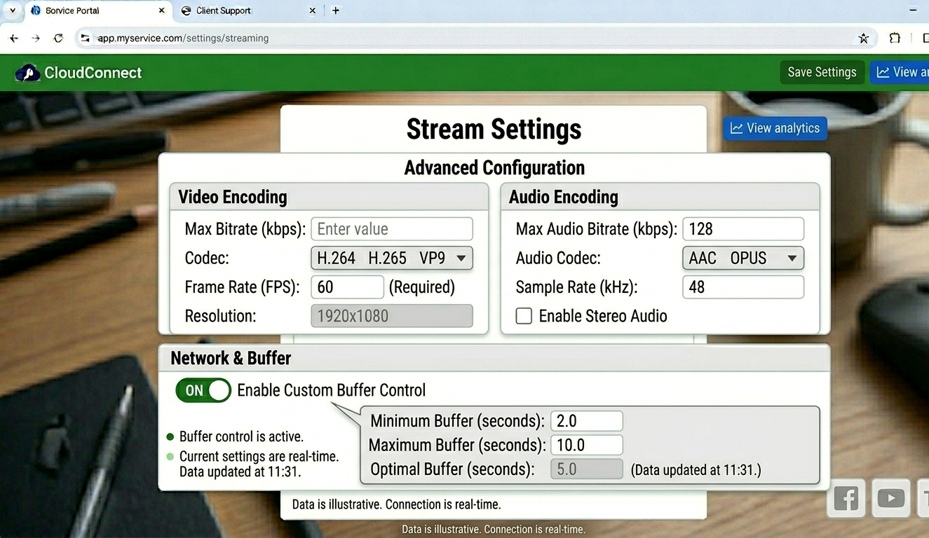 Stream Settings panel showing Advanced Configuration section with buffer control toggle