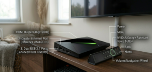 Nvidia Shield TV Pro showing ports, remote, and device form factor]