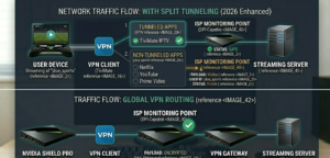 VPN app showing split tunneling settings with IPTV app selected for VPN routing]