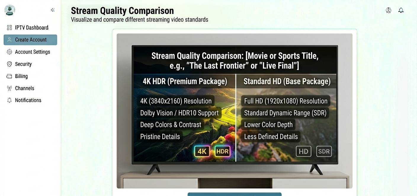 Stream quality comparison showing 4K HDR versus standard HD video on a large screen TV]
