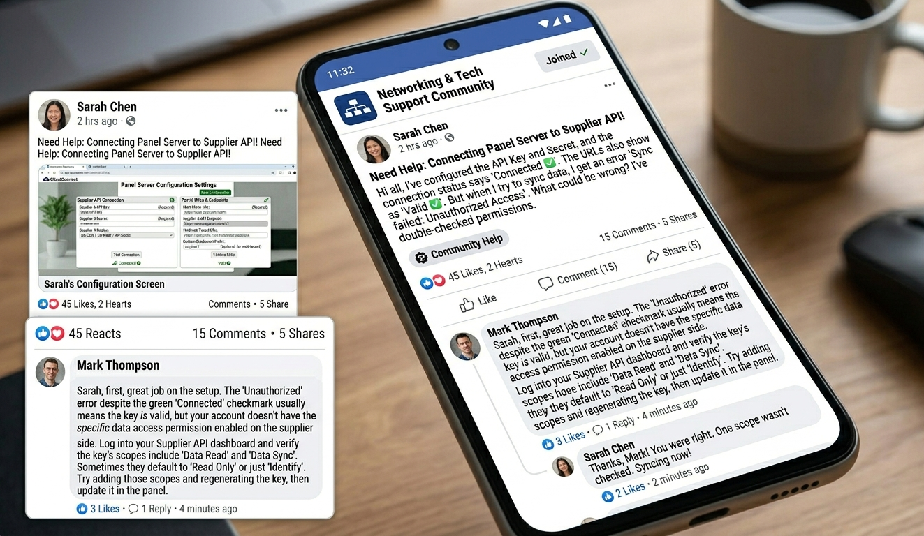 Facebook Group post showing helpful technical reply with engagement metrics