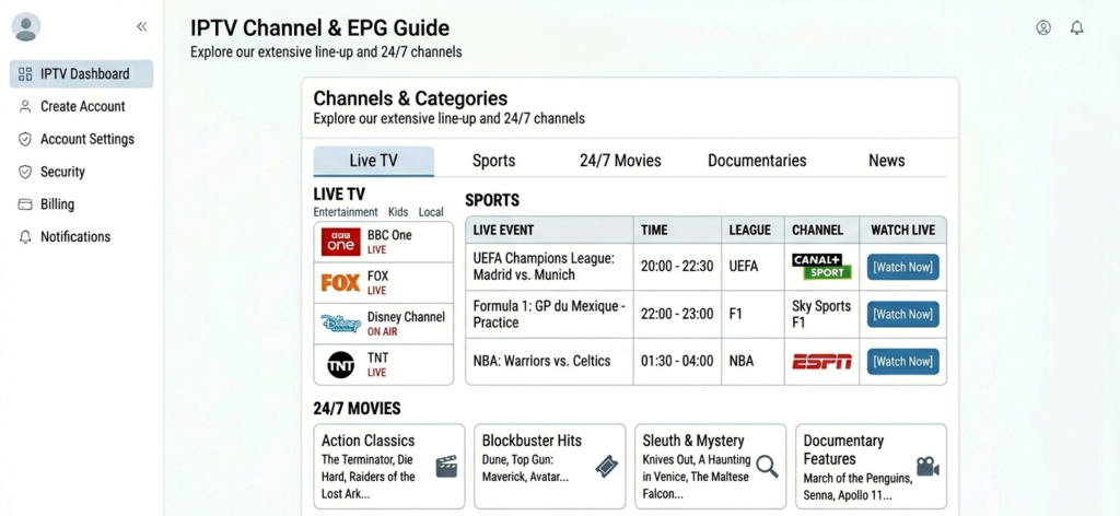IPTV channel list showing categorised channels including a 24/7 Movies section alongside Live TV and Sports categories