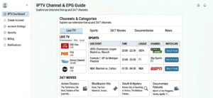 IPTV channel list showing categorised channels including a 24/7 Movies section alongside Live TV and Sports categories