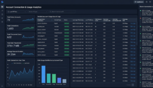 Panel analytics showing connection logs and usage stats per account