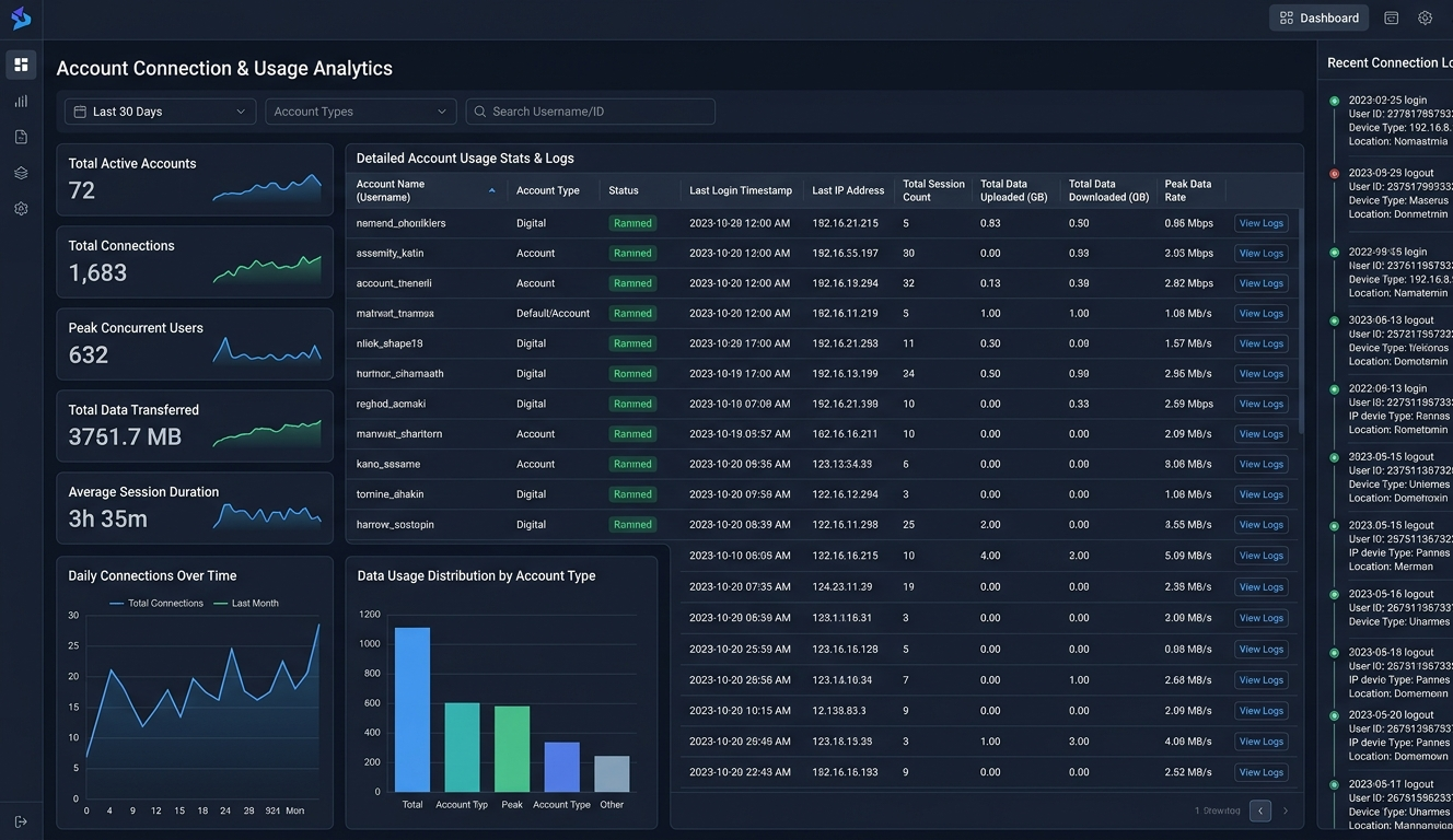Panel analytics showing connection logs and usage stats per account