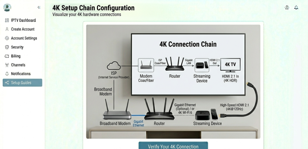 4K setup chain showing TV, streaming device, router, and broadband modem with connection types labelled]