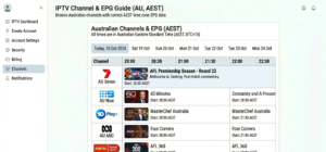 IPTV channel list showing Australian channels with correct AEST time zone EPG data and AFL programme listing]