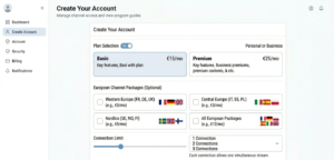 Account creation form showing plan selection with European channel package option and connection limit setting