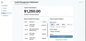 Credit Management dashboard showing current balance, recent purchases, and top-up payment options]