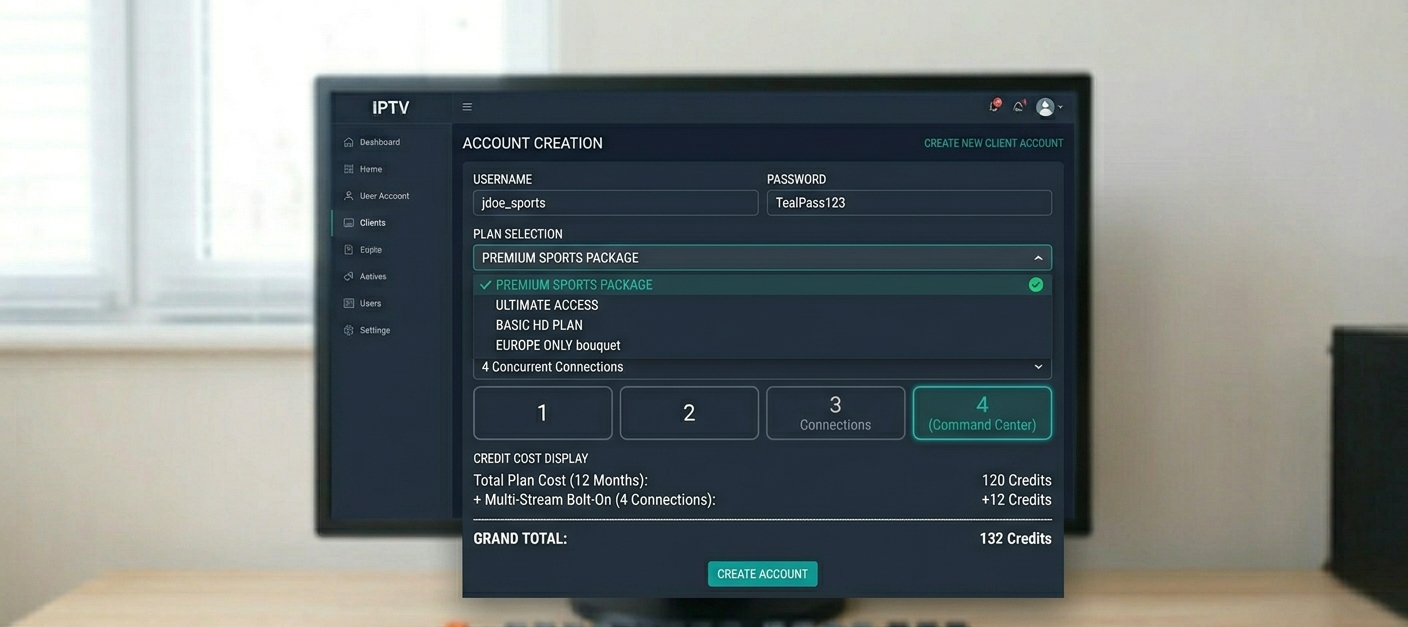 Account creation form showing plan selection, connection limit field set to 4, and credit cost display