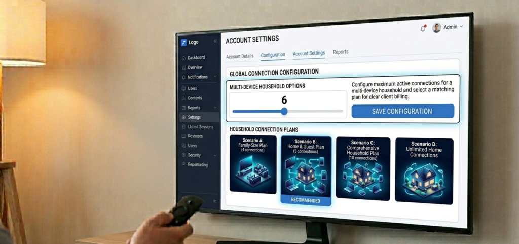  Dashboard account settings showing connection limit configuration with multi-device household options