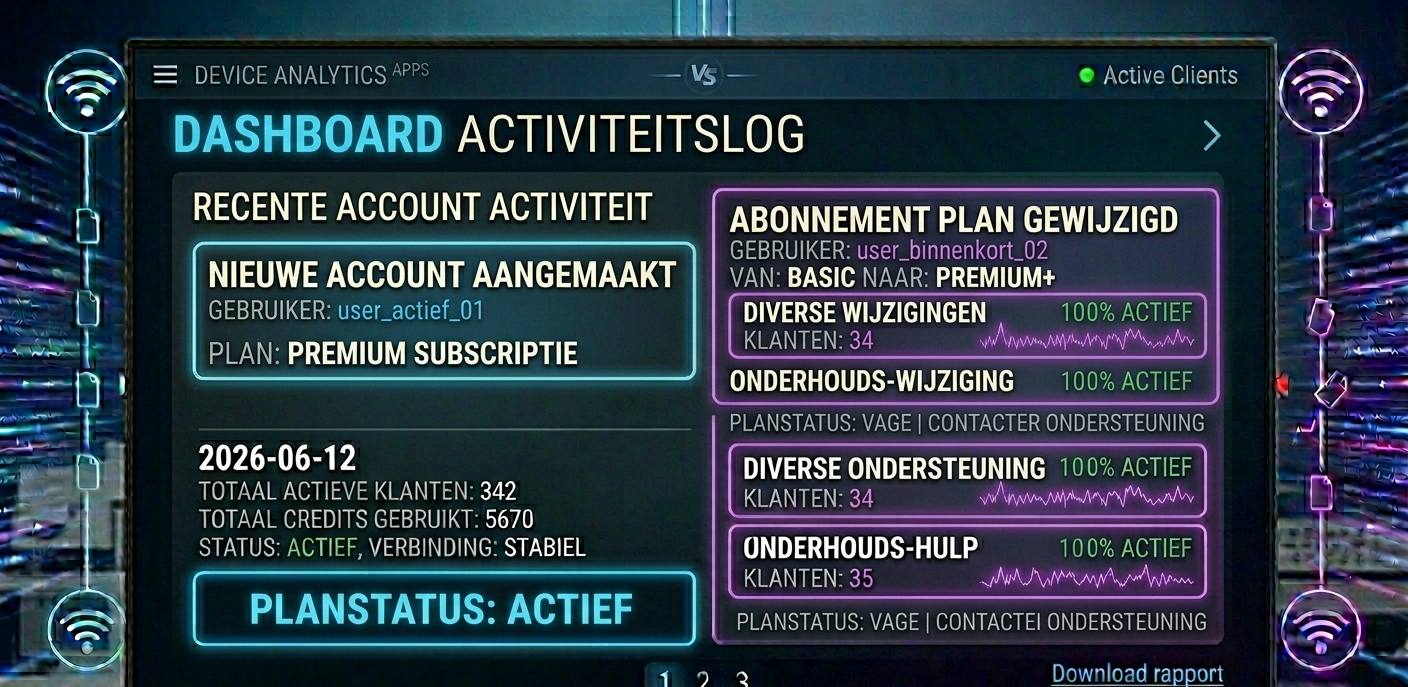 Dashboard activity log showing account creation, plan changes, and support actions with no content management functions visible
