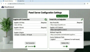 Panel server configuration settings showing supplier API connection and portal URL fields