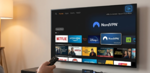 Fire TV Stick home screen with NordVPN app installed and connected, showing VPN status indicator