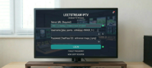 IPTV app login screen showing server URL, username, and password fields on a smart TV]