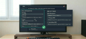 Enigma2 device network settings showing VPN configuration panel and DNS settings]