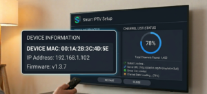 Smart IPTV setup screen showing MAC address display and channel list loading progress