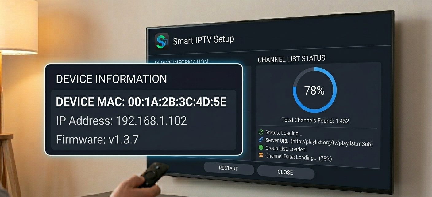 Smart IPTV setup screen showing MAC address display and channel list loading progress