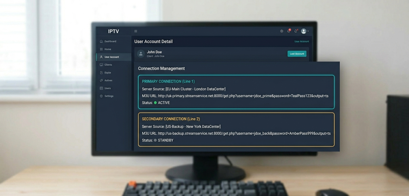 Account detail view showing primary and secondary line credentials with server source labels