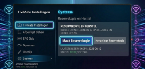  TiviMate Settings screen showing Backup and Restore option with Create Backup button visible