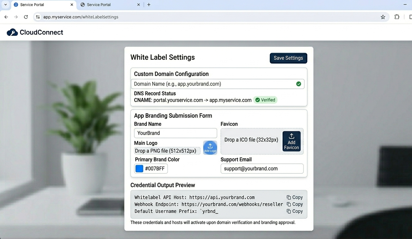 White Label Settings panel showing custom domain field, app branding submission form, and credential output preview