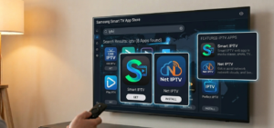 Samsung Smart TV App Store search screen showing IPTV app options including Smart IPTV and Net IPTV