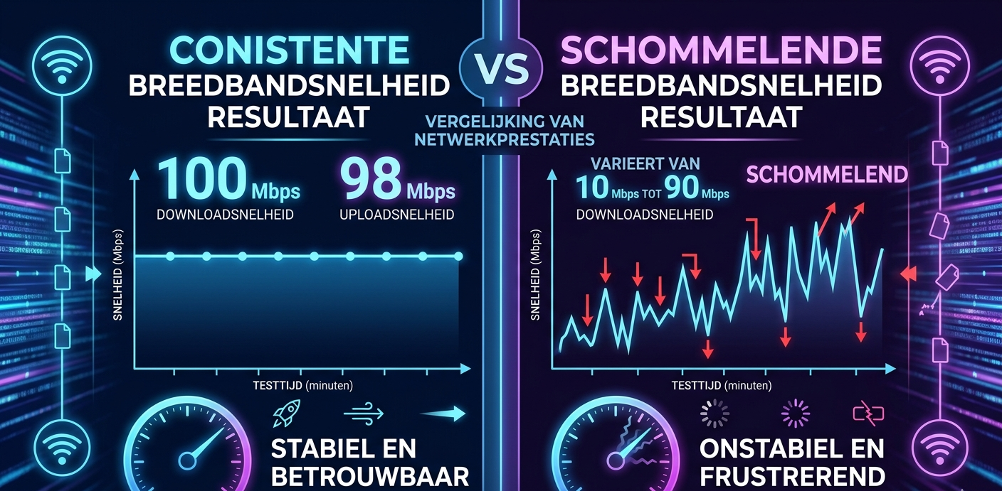Network speed test result showing consistent vs fluctuating broadband speed comparison