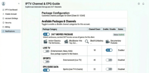 Dashboard Package Configuration section showing 24/7 Movies category toggle enabled for a client account