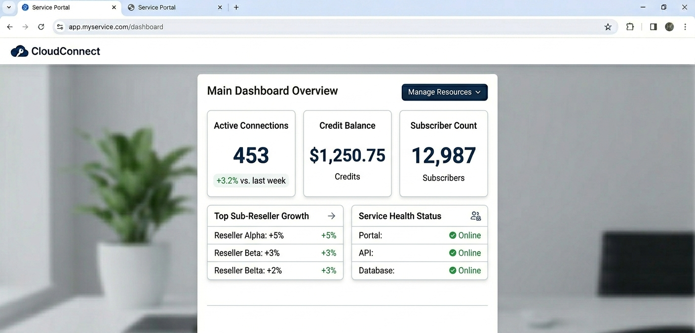 Main dashboard overview showing active connections, credit balance, and subscriber count widgets