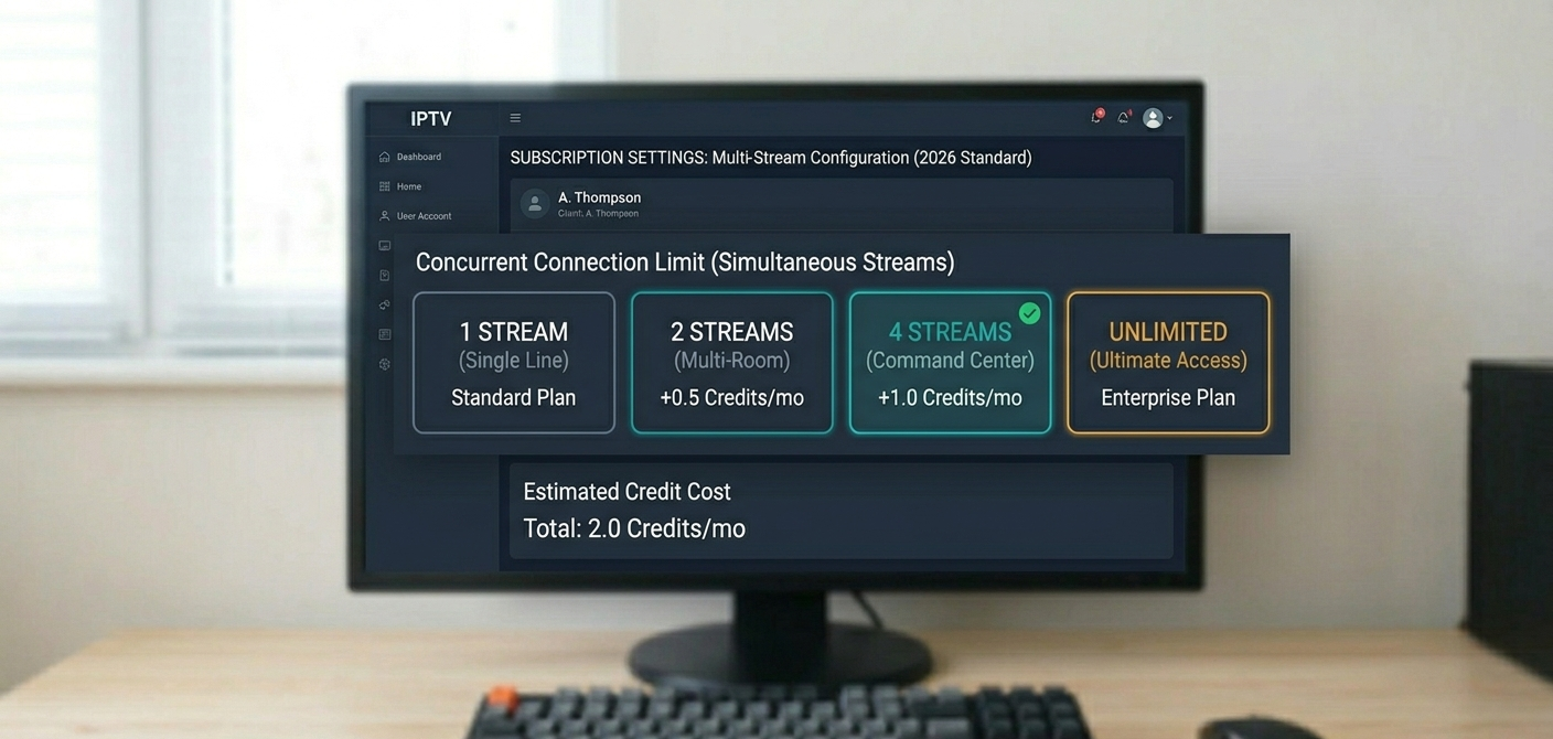 Account settings showing concurrent connection limit with options for 1, 2, 4, and unlimited simultaneous streams