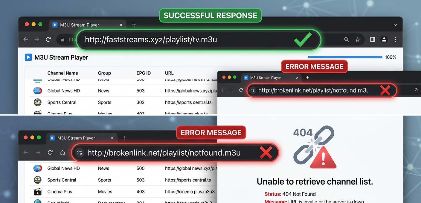 Browser address bar showing M3U URL test resulting in successful channel list response versus error message