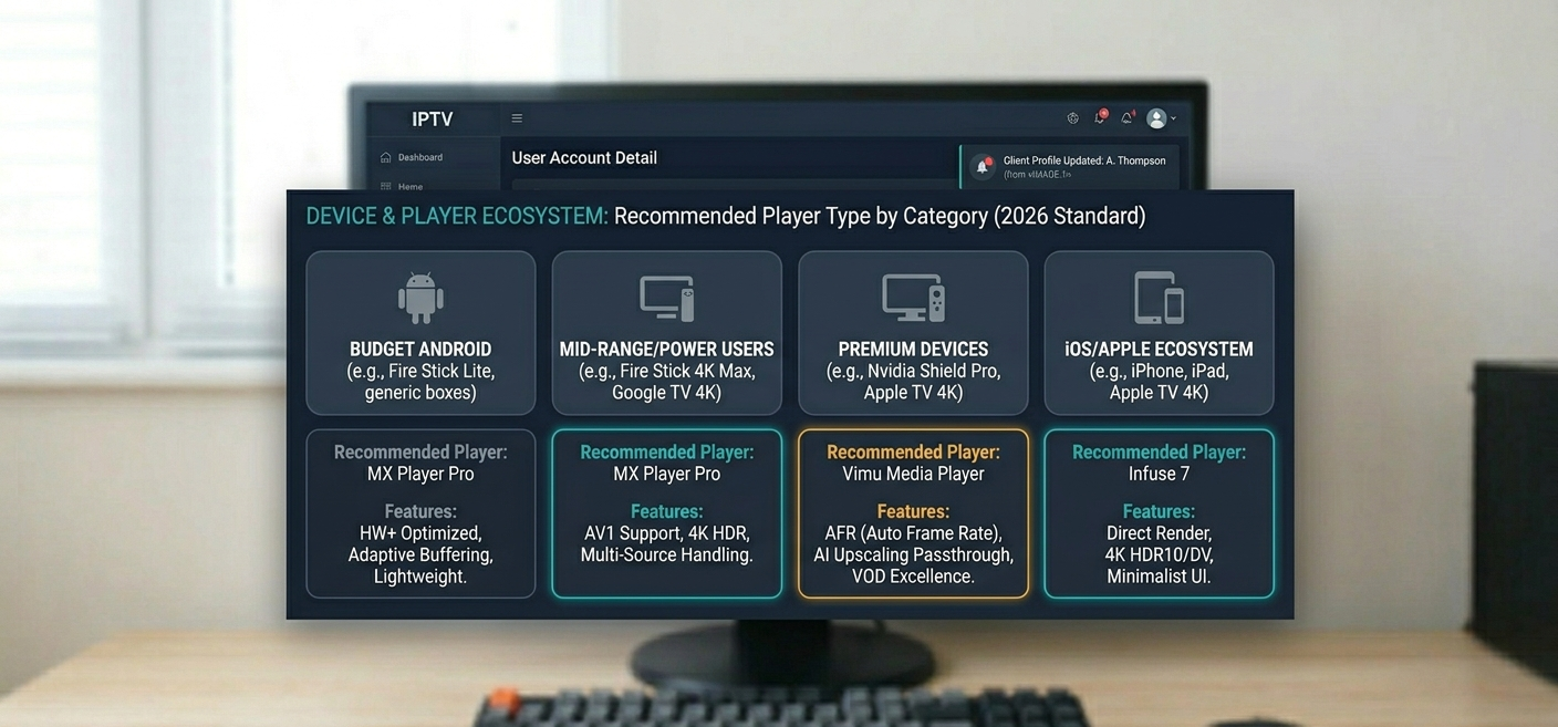 Device comparison showing recommended player type by device category]