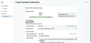 Cryptocurrency payment confirmation screen showing wallet address, transaction amount, and confirmation status