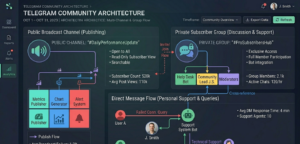 Telegram channel architecture diagram showing public channel, private subscriber group, and direct message flow