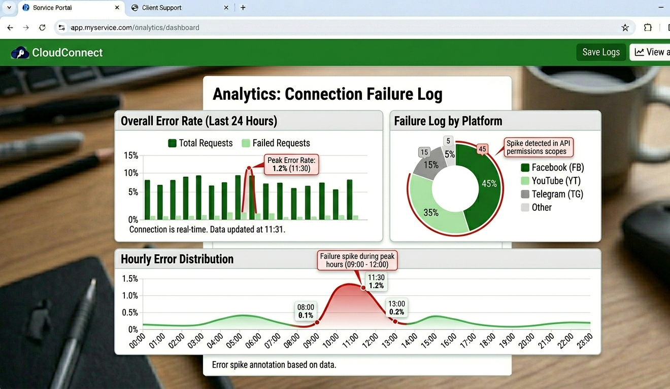 Connection failure log in analytics panel showing error rate spike during peak hours