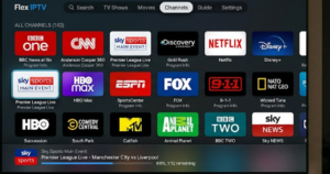 [IMAGE: Flex IPTV Apple TV interface showing grid layout with channel logos]