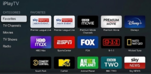 [IMAGE: iPlayTV home screen showing channel categories and favorites panel]