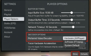 [IMAGE: GSE Smart IPTV settings panel showing buffer and decoder options]