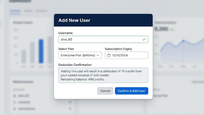[IMAGE: Adding new user screen showing username field, plan dropdown, expiry selector, and credit deduction confirmation]