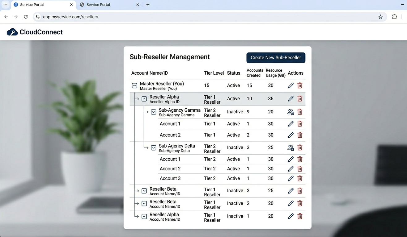 Sub-reseller account management section showing nested account structure