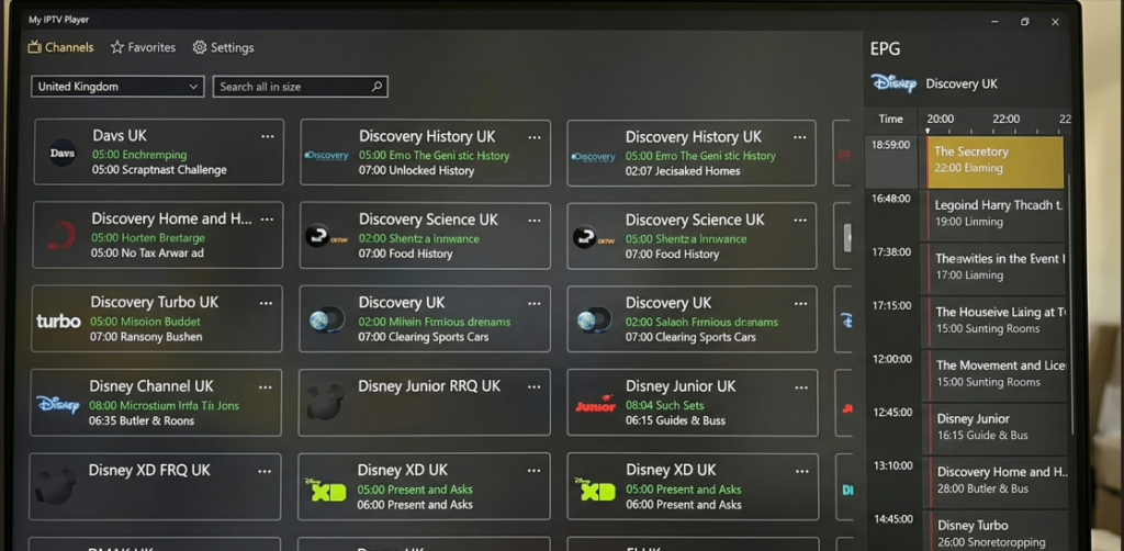 [IMAGE: Supplier test account loaded in TiviMate showing EPG guide and channel category structure]