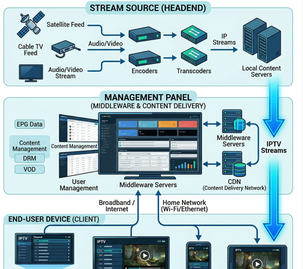 Diagram showing three-layer IPTV infrastructure — stream source, management panel, end-user device]