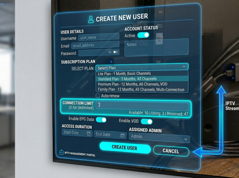 New user creation screen showing plan selection and connection limit fields]