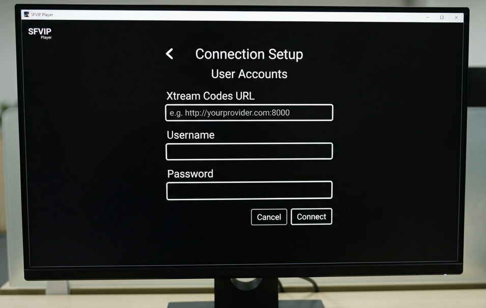 SFVIP Player connection setup screen showing Xtream Codes URL, username, and password fields]