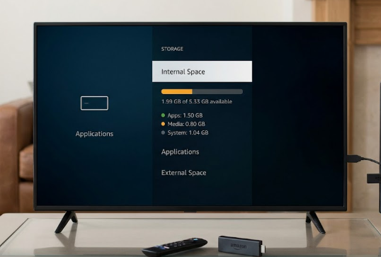 Firestick 4K showing storage settings screen with available internal memory