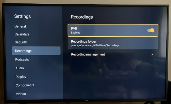TiviMate recordings settings panel showing PVR enable toggle and storage path selection