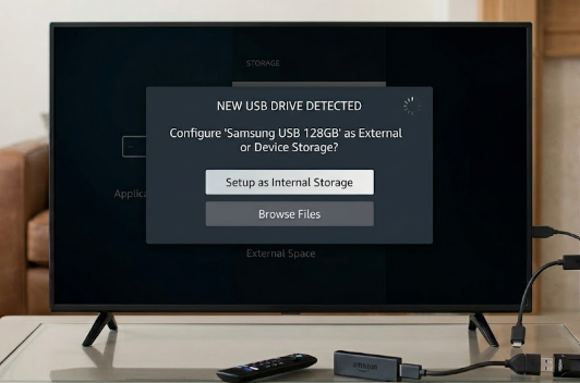 OTG adapter connected to Firestick with USB drive attached, showing Firestick storage settings popup]