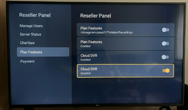 Reseller panel showing plan features with Cloud DVR toggle option highlighted]