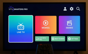 Smarters Pro home screen showing Live TV, Movies, and Series tile layout]